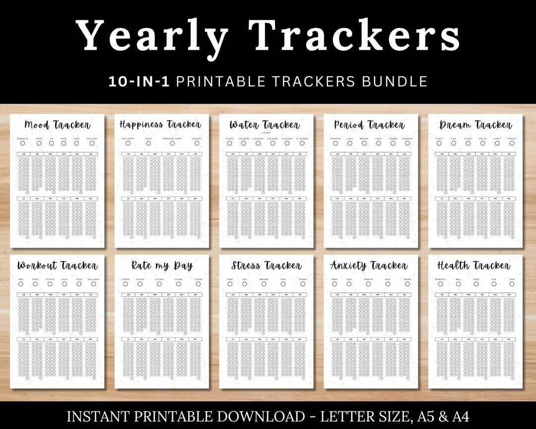 Yearly Trackers Bundle - Printable Journal Pages - Bullet Journal Pages ...