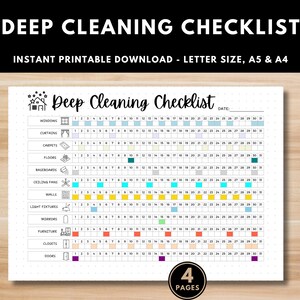 Deep Cleaning Checklist printable PDF in A4 size with dotted layout for bullet journals.