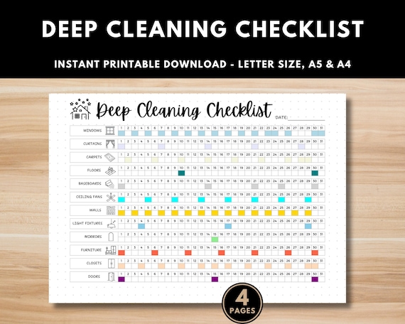 Deep Cleaning Checklist - Printable Cleaning Tracker - Bullet Journal Pages - A4, A5, Letter - Cleaning Log, Chores List, Habit Tracker