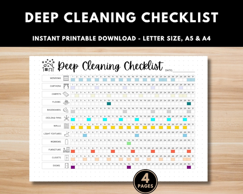 Deep Cleaning Checklist printable PDF in A4 size with dotted layout for bullet journals.