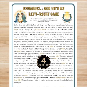 Peut inclure: Une feuille de jeu imprimée intitulée "Emmanuel : Dieu avec nous Jeu Gauche-Droite". La feuille présente des illustrations de la scène de la Nativité et une étoile dorée. Le texte comprend les instructions d'un jeu.