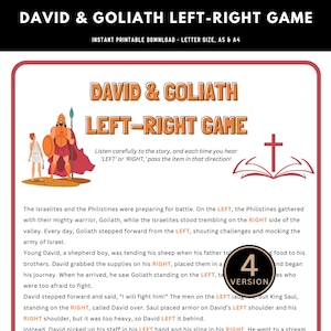 Puede incluir: Un juego imprimible para niños basado en la historia de David y Goliat. El juego instruye a los jugadores a pasar un artículo a la izquierda o a la derecha según la historia. El juego está diseñado para papel de tamaño carta e incluye una etiqueta de 4 versiones.