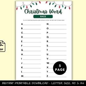 Christmas Word Race Game Printable | Family Christmas Game | Fun Holiday Party Game for Kids, Teens, and Adults, Answer Key