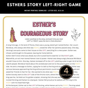 Puede incluir: Un juego imprimible para niños basado en la historia de Ester de la Biblia. El juego presenta una ilustración colorida de Ester y un cuadro de texto con instrucciones para jugar al juego. El texto indica a los jugadores que pasen un objeto a la izquierda o a la derecha según la historia. El juego está diseñado para que los niños aprendan la historia de Ester.