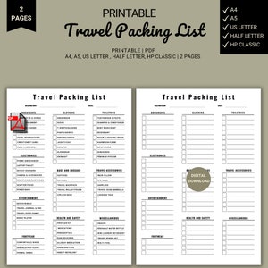 Printable Travel Packing List - Instant Download, Vacation Planner, Vacation Organizer, Packing List, Where to Go, Packing List, pdf