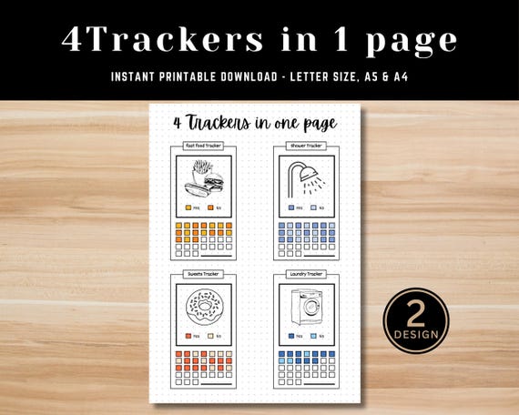 Fast Food, Shower, Sweets, and Laundry Tracker - Printable Monthly Habit Tracker - Bullet Journal Page - Health, Self-Care Planner Template