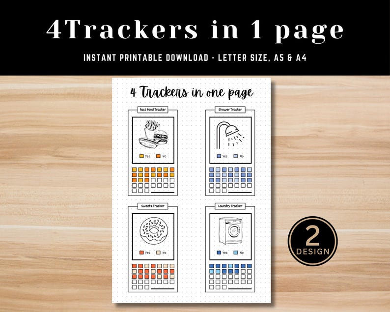 Printable fast food, shower, sweets, and laundry tracker page in dotted background format.