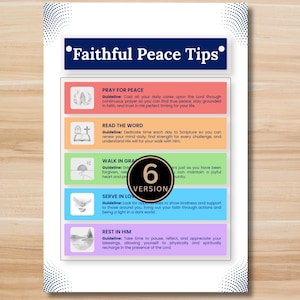 Peut inclure: Une affiche rectangulaire intitulée Faithful Peace Tips avec un en-tête bleu foncé. Elle présente cinq sections horizontales en corail, orange, vert, bleu et violet, chacune contenant une petite icône, un titre et des directives textuelles.