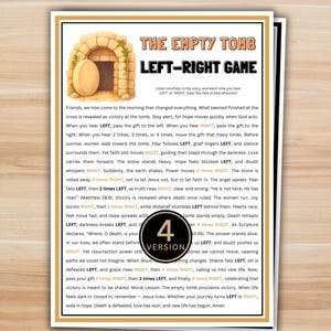 Könnte beinhalten: Ein bedrucktes Spielblatt mit dem Titel "The Empty Tomb Left-Right Game" mit beigem Hintergrund und dekorativem Rand. Das Spiel zeigt eine Illustration eines Grabes und eines Eies. Der Text enthält Anweisungen und eine Versionsnummer.