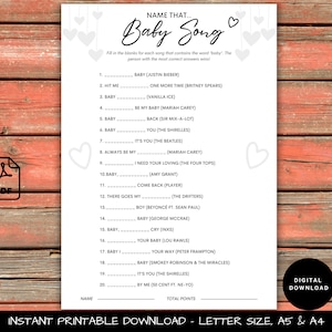 Peut inclure: Jeu imprimable pour une fête prénatale. Le jeu s'appelle "Devinez la chanson de bébé". Les joueurs doivent compléter les blancs pour chaque chanson contenant le mot "bébé". La personne qui a le plus de bonnes réponses gagne. Le jeu comprend 20 chansons.