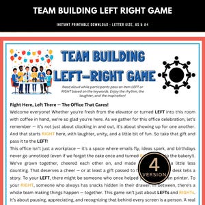 May include: A printable game titled "Team Building Left Right Game" with colorful graphics and text. The design includes illustrations of people, balloons, and a circular logo. The game is available for instant download.