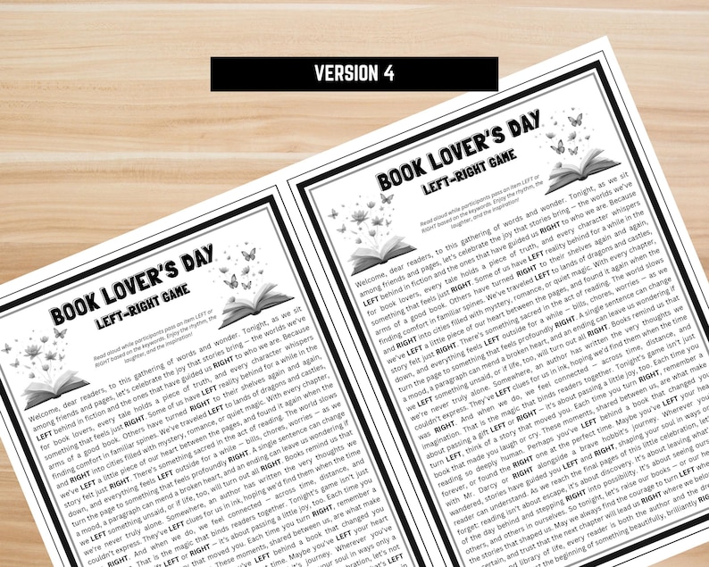 Bookish party game – printable pass the gift Left Right story, instant download for adults and teens