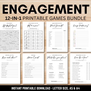 May include: A collection of eight printable engagement party games on white paper. The games include "Left-Right Game," "Fill in the Answer," "Word Scramble," and "Emoji Pictionary." The text "ENGAGEMENT" and "12-IN-1 PRINTABLE GAMES BUNDLE" are at the top.
