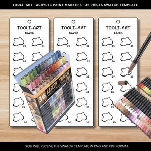 Peut inclure: Un ensemble de 36 marqueurs de peinture acrylique dans une variété de tons terre. Les marqueurs sont disposés dans une boîte avec une étiquette noire et blanche qui indique "36 Earth Tones Acrylic Paint Markers". Les marqueurs sont numérotés de 25 à 36. L'image comprend également un modèle de nuancier avec 36 espaces vierges pour tester les marqueurs.