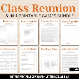 Peut inclure: Un ensemble de jeux imprimables pour une réunion de classe. L'image présente huit jeux différents, dont "Think Fast", "Brain Numbers" et "Word Scramble". Le texte en bas indique "Téléchargement imprimable instantané - Format Lettre, A5 et A4."