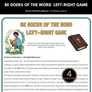 Op de afbeelding: Printbaar Bijbelspel getiteld "Be Doers of the Word Left-Right Game". Het ontwerp bevat illustraties van een persoon die een boek leest en een Bijbel. De spelinstructies zijn inbegrepen, samen met een verhaal uit Jakobus 1:22.