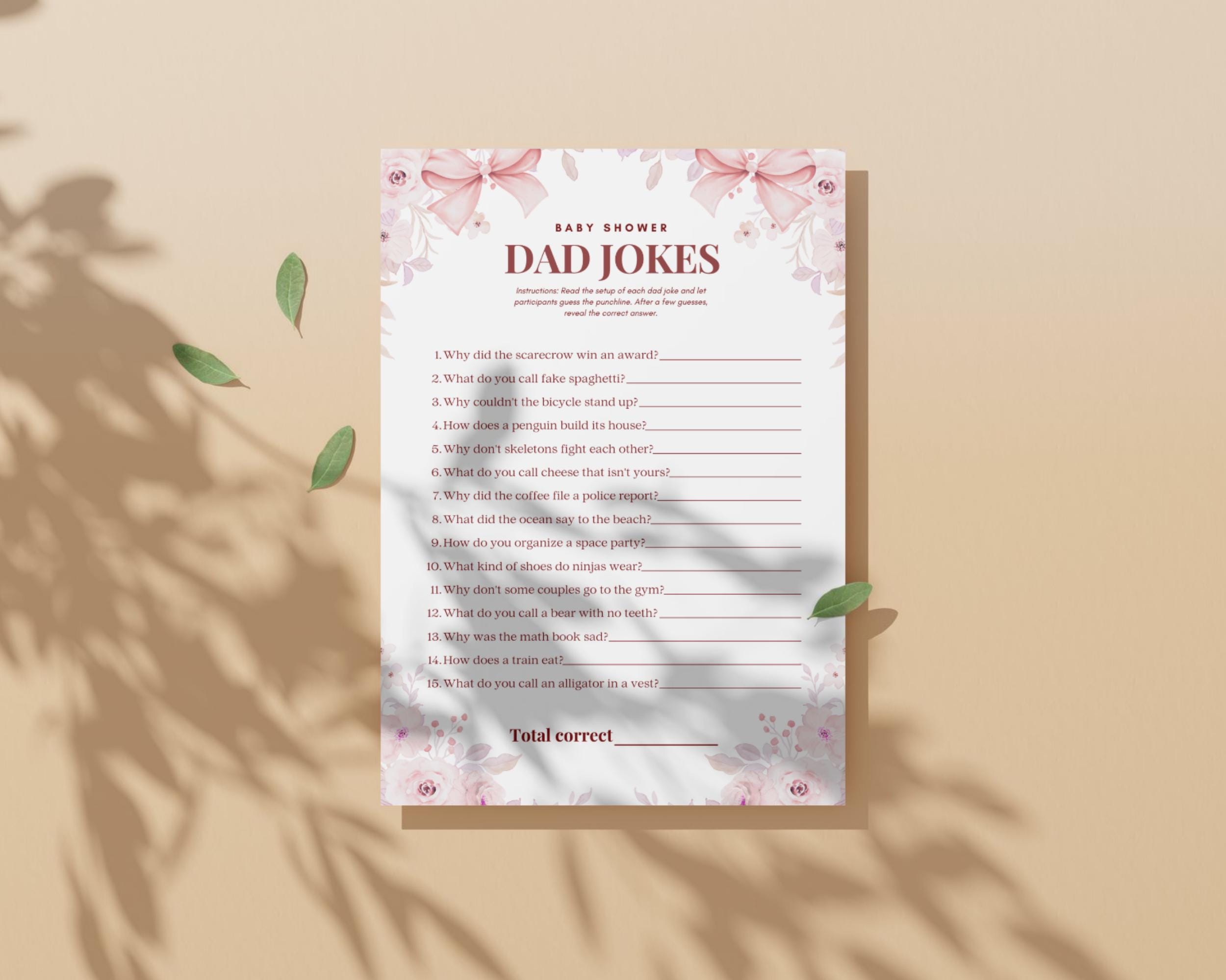 Wildflower Baby Shower Dad Jokes Game Printable, Funny Dad Jokes Trivia ...