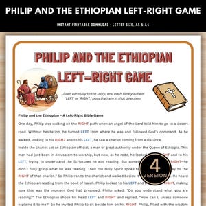 Peut inclure: Un jeu imprimable pour enfants basé sur l'histoire biblique de Philippe et de l'Éthiopien. Le jeu présente une illustration colorée de Philippe et de l'Éthiopien dans un char, ainsi qu'une Bible et les mots "Gauche" et "Droite". Le jeu est conçu pour aider les enfants à apprendre l'histoire de Philippe et de l'Éthiopien.
