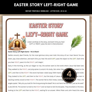 Peut inclure: Jeu d'histoire de Pâques imprimable pour les enfants. Le jeu comprend une illustration de tombeau et des instructions pour passer un objet à gauche ou à droite en fonction de l'histoire. Le texte indique "Easter Story Left-Right Game - He Is Risen!" et "Écoutez attentivement l'histoire, et chaque fois que vous entendez 'GAUCHE' ou 'DROITE', passez l'objet dans cette direction !"