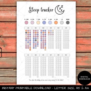 May include: Printable sleep tracker calendar featuring a moon and stars design. The calendar is divided into months and days, with circles for each day to track sleep hours. The colour-coded circles represent different sleep durations: 9-10 hours (pink), 8-9 hours (light pink), 7-8 hours (cream), 6-7 hours (light blue), 5-6 hours (blue), 4-5 hours (orange), less than 4 hours (grey), and none (dark grey).