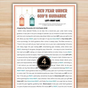 Op de afbeelding: Een bedrukte pagina met de titel "New Year Under God's Guidance" en de instructies van het "Left-Right Game". De pagina bevat een decoratieve rand, lantaarns en tekst geïnspireerd op Spreuken 3:5-6 en Psalm 32:8. Er is ook een cirkelvormige afbeelding met het nummer 4.