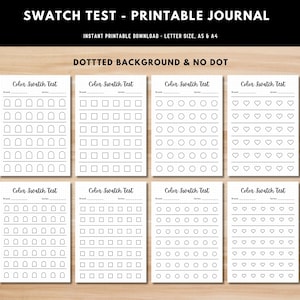 Könnte beinhalten: Druckbare Farbmuster-Testseiten mit verschiedenen Formen zum Testen von Farbe, Tinte oder anderen Materialien. Die Formen umfassen Bögen, Quadrate, Kreise und Herzen. Die Seiten sind mit "Color Swatch Test" beschriftet und bieten Platz für die Marken- und Farbnamen.