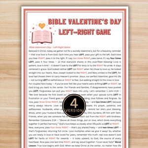 Peut inclure: Un jeu imprimable rose et blanc de la Saint-Valentin biblique gauche-droite. Le texte comprend les instructions d'un jeu sur l'amour et le pardon, avec le mot "Version 4" dans un cercle.