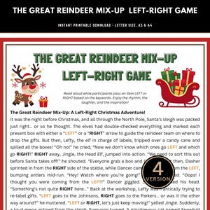Puede incluir: Un juego navideño imprimible titulado "The Great Reindeer Mix-Up Left-Right Game". El diseño presenta un reno, un trineo con regalos y texto. El juego está disponible para descarga instantánea en tamaño Carta, A5 y A4.
