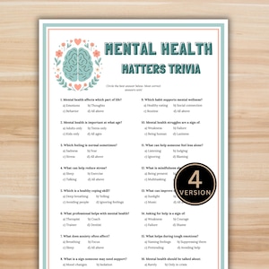 Peut inclure: Une feuille de jeu de questions-réponses intitulée "Mental Health Matters Trivia" avec des questions à choix multiples. La conception comprend une bordure turquoise, un graphique de cerveau et le mot "Version" dans un cercle.