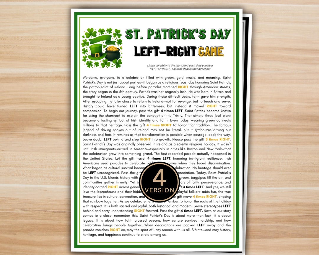 St Patricks Day Left Right Game Printable, Pass the Prize Gift Exchange ...