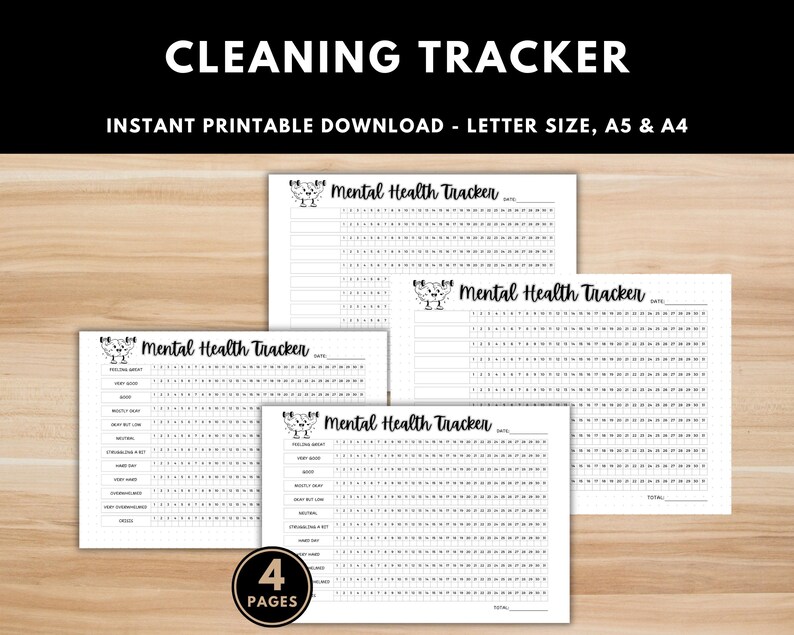 Minimalist mental health journal printable PDF. Monthly emotional wellbeing tracker for self care