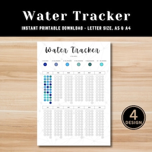 Op de afbeelding: Printbare watertracker-sheet met een blauw, turquoise en wit kleurenschema. De sheet heeft een raster met cirkels voor elke dag van de maand, met een sectie voor elke maand van het jaar. De tekst "Water Tracker" staat bovenaan de sheet.