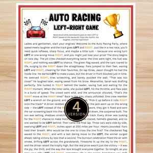 May include: A colorful party game poster titled "Auto Racing Left-Right Game." The design includes a red race car, checkered flags, and a gold trophy. The text encourages participation and enjoyment of the game.