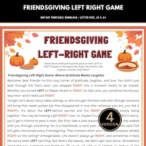 May include: Printable Friendsgiving Left-Right Game with pumpkins and fall leaves. The game includes instructions and is designed for a fun gathering. The text on the game says "Friendsgiving Left-Right Game" and "Where Gratitude Meets Laughter."