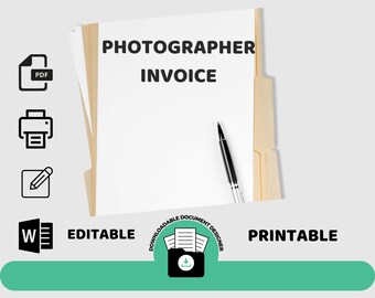May include: A white sheet of paper with the text "PHOTOGRAPHER INVOICE" in black text. The paper is in a yellow file folder with a black pen on top of the paper. The image also includes icons for PDF, printer, pencil, and Word documents. The text "EDITABLE", "PRINTABLE", and "DOWNLOADABLE DOCUMENT DESIGNER" is also included in the image.