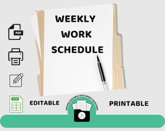 May include: A white folder with the text "WEEKLY WORK SCHEDULE" on it. The folder is open and a pen is sticking out of it. The folder is sitting on a green surface. The text "EDITABLE" and "PRINTABLE" is on the bottom of the image. There is a download icon in the middle of the image.