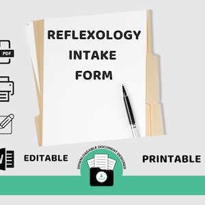 May include: A printable and editable Reflexology Intake Form in a yellow file folder with a pen on top of the paper. The form is downloadable and available in PDF and Word formats.