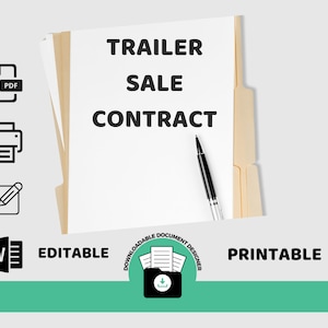 Puede incluir: Un documento de contrato de venta de remolque imprimible y editable. El documento está en una carpeta amarilla con un bolígrafo encima. El documento está etiquetado como "CONTRATO DE VENTA DE REMOLQUE" y tiene iconos para PDF, impresora, edición y Word.