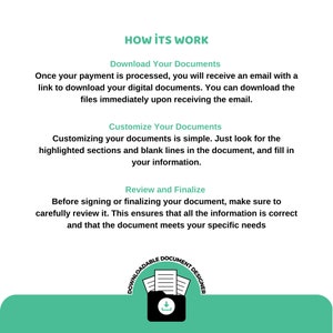 May include: A green and white illustration of a folder with a download arrow, with the text "Downloadable Document Designer" around the folder. The text "How It's Work" is at the top of the image, and the text below describes the steps to download, customize, and review a document.