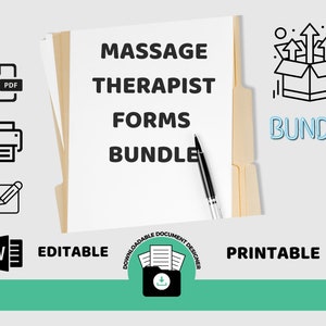 May include: A digital download bundle of printable and editable massage therapist forms. The image shows a folder with the text "Massage Therapist Forms Bundle" on a white sheet of paper. The folder is open and there are arrows pointing upwards from the folder. The text "Bundle" is in a blue box. The image also shows icons for PDF, Word, and a printer. The text "Editable" and "Printable" are also visible.