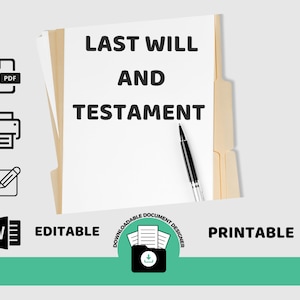 Puede incluir: Una plantilla de testamento imprimible y editable. El documento está en una carpeta amarilla con un bolígrafo encima. El documento es descargable e imprimible.