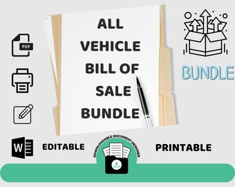 Puede incluir: Una carpeta blanca con el texto "ALL VEHICLE BILL OF SALE BUNDLE" impreso en ella. La carpeta está abierta y hay varias otras carpetas detrás de ella. La imagen también incluye iconos para PDF, Word y una impresora. El texto "EDITABLE" y "PRINTABLE" también es visible.