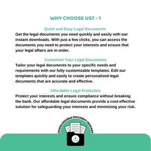 May include: Why choose us? -1.  Get quick and easy legal documents with instant downloads. Customize your legal documents to your specific needs. Protect your interests and ensure compliance with affordable legal documents.  Downloadable Document Designer.