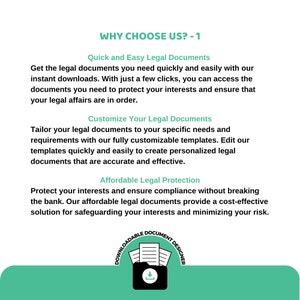 May include: Why choose us? -1.  Get quick and easy legal documents with instant downloads. Customize your legal documents to your specific needs. Protect your interests and ensure compliance with affordable legal documents.  Downloadable Document Designer.