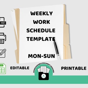 Puede incluir: Una carpeta blanca con el texto "WEEKLY WORK SCHEDULE TEMPLATE MON-SUN" impreso en ella. La carpeta está etiquetada como "EDITABLE" y "PRINTABLE". La carpeta también tiene un icono de descarga y el texto "DOWNLOADABLE DOCUMENT DESIGNER".