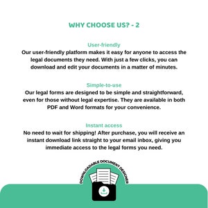 May include: A green and white graphic with the text "WHY CHOOSE US? -2" and three bullet points describing the benefits of using the service. The bullet points are "User-friendly", "Simple-to-use", and "Instant access". The graphic also includes a white icon of a folder with a download arrow and three documents inside.