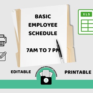 Può includere: Modello di programma di lavoro di base per dipendenti, modificabile e stampabile in formato XLS. Il modello è progettato per una giornata lavorativa dalle 7:00 alle 19:00. L'immagine mostra una cartella con un documento al suo interno, un'icona di stampante, un'icona di matita e un'icona di foglio di calcolo.