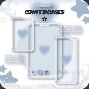 Pode incluir: Uma ilustra&ccedil;&atilde;o digital de uma interface de caixa de bate-papo com um esquema de cores azul e branco. A caixa de bate-papo tem um efeito de vidro e estrelas e cora&ccedil;&otilde;es animados. O texto "CHATBOXES" &eacute; exibido em letras pretas em negrito no topo da imagem. O texto "SAY HELLO!" e "CHAT" &eacute; exibido na caixa de bate-papo.