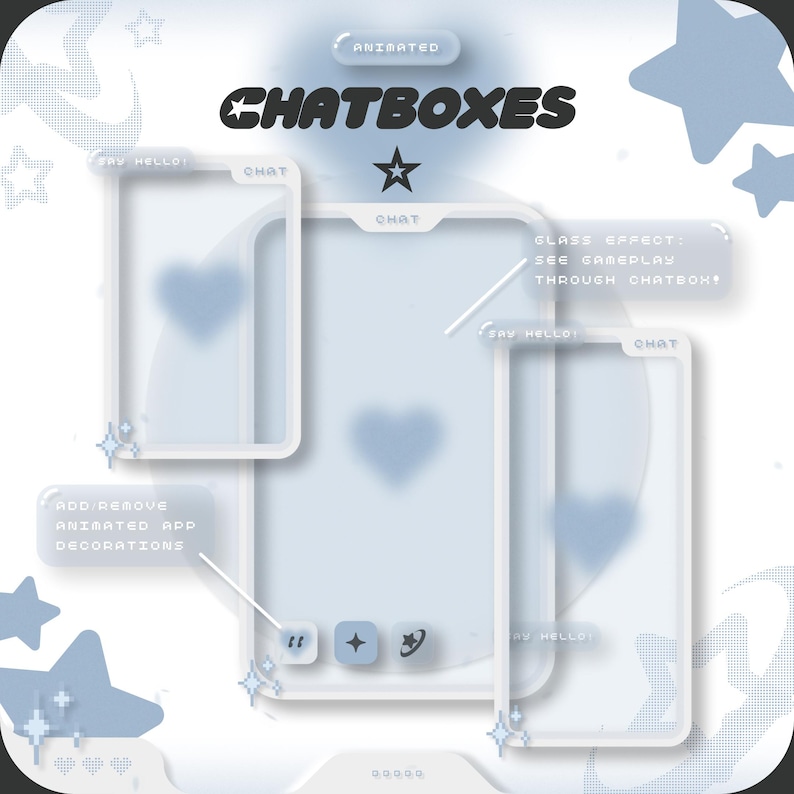 Pode incluir: Uma ilustra&ccedil;&atilde;o digital de uma interface de caixa de bate-papo com um esquema de cores azul e branco. A caixa de bate-papo tem um efeito de vidro e estrelas e cora&ccedil;&otilde;es animados. O texto "CHATBOXES" &eacute; exibido em letras pretas em negrito no topo da imagem. O texto "SAY HELLO!" e "CHAT" &eacute; exibido na caixa de bate-papo.
