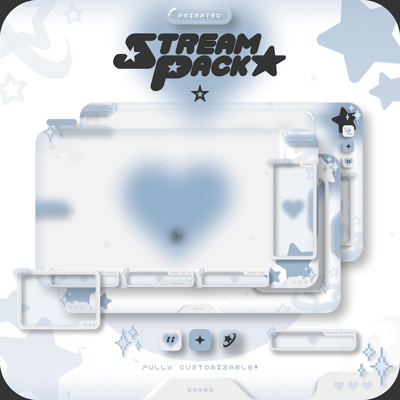 Pode incluir: Pacote de streaming animado com um esquema de cores azul e branco. O pacote inclui uma tela grande, uma tela menor e v&aacute;rios pain&eacute;is menores. O texto "STREAM PACK" est&aacute; em preto e branco com estrelas. O texto "FULLY CUSTOMIZABLE" est&aacute; em preto e branco.